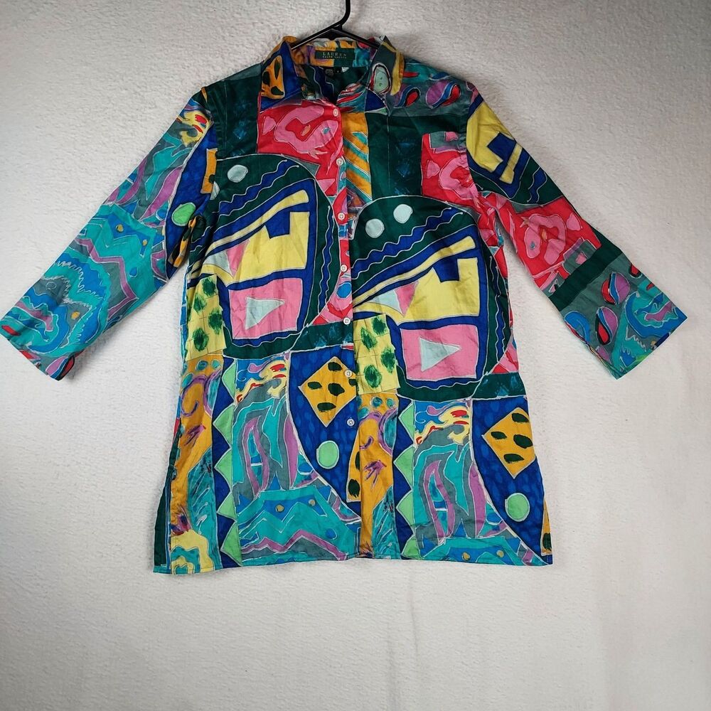 Lauren Ralph Lauren Women’s Small Colorful Patchwork Abstract Print Cotton Blous